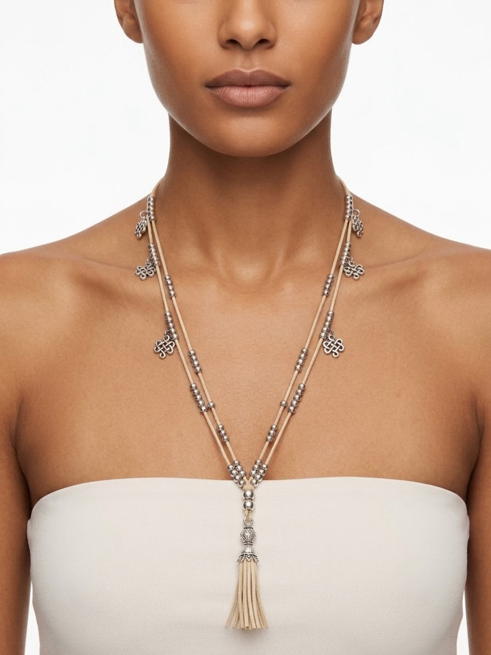Double-Strand Beige Tassel Necklace with Silver Accents Genuine Leather